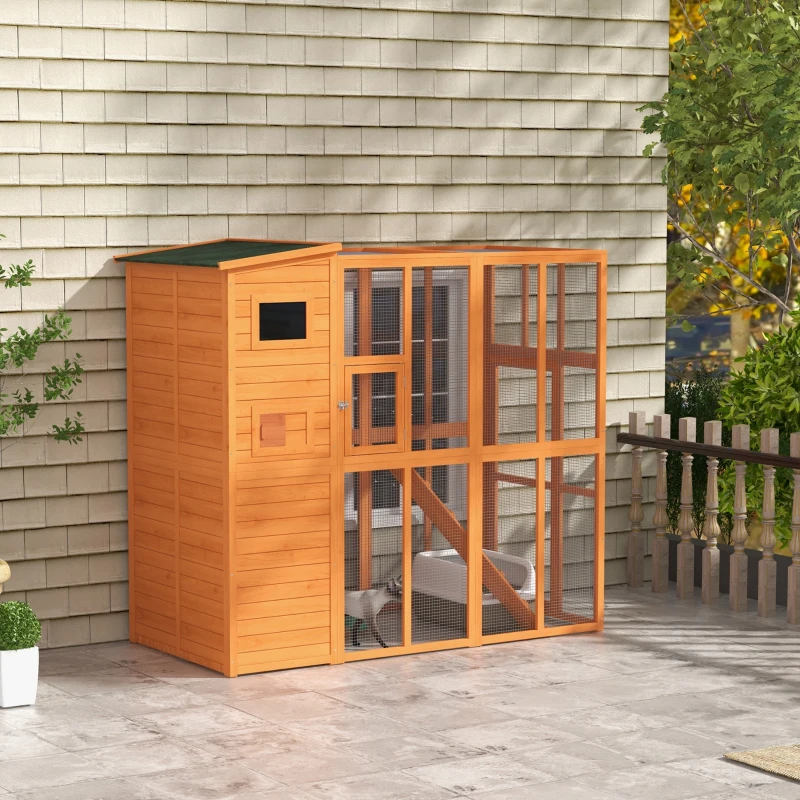 PawHut Wooden Outdoor Catio with Platforms, Asphalt Roof, Ramps, Natural