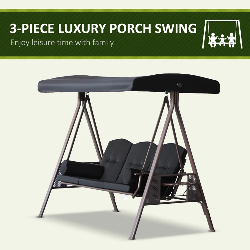 Outsunny Outdoor Patio 3-Person Steel Canopy Cushioned Seat Bench Swing with Included Side Trays & Padded Comfort, Black