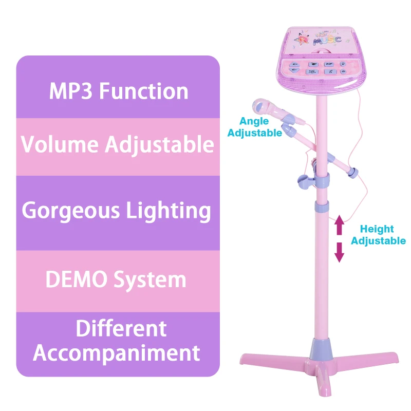 Qaba Kids Karaoke Disco Machine Toy Adjustable Microphone Speaker Stand Connected to iPod Phone MP3 Players Light Pink