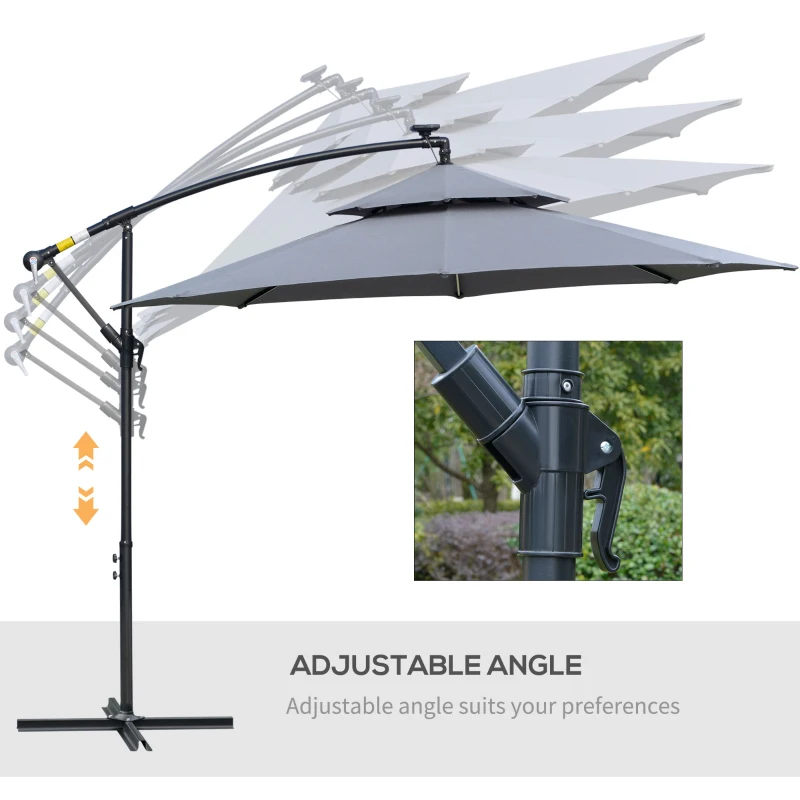 Outsunny 10FT Cantilever Patio Umbrella with Lights Solar Powered Offset Umbrella with Crank and Cross Base for Deck Grey