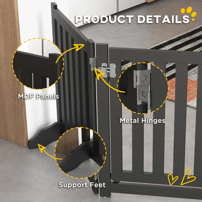PawHut Foldable Dog Gate with Door, 4 Panels Fressstanding Pet Gate, Black