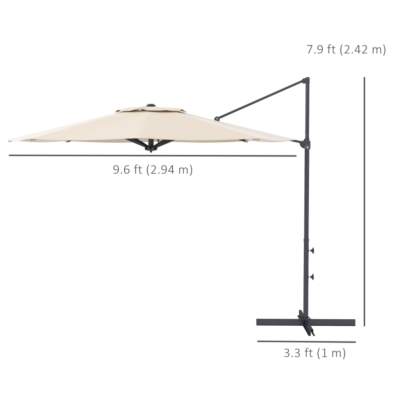 Outsunny 10 FT Cantilever Umbrella, Aluminum Hanging Offset Umbrella with 360°Rotation, Crank, Tilt, Cross Base, Khaki