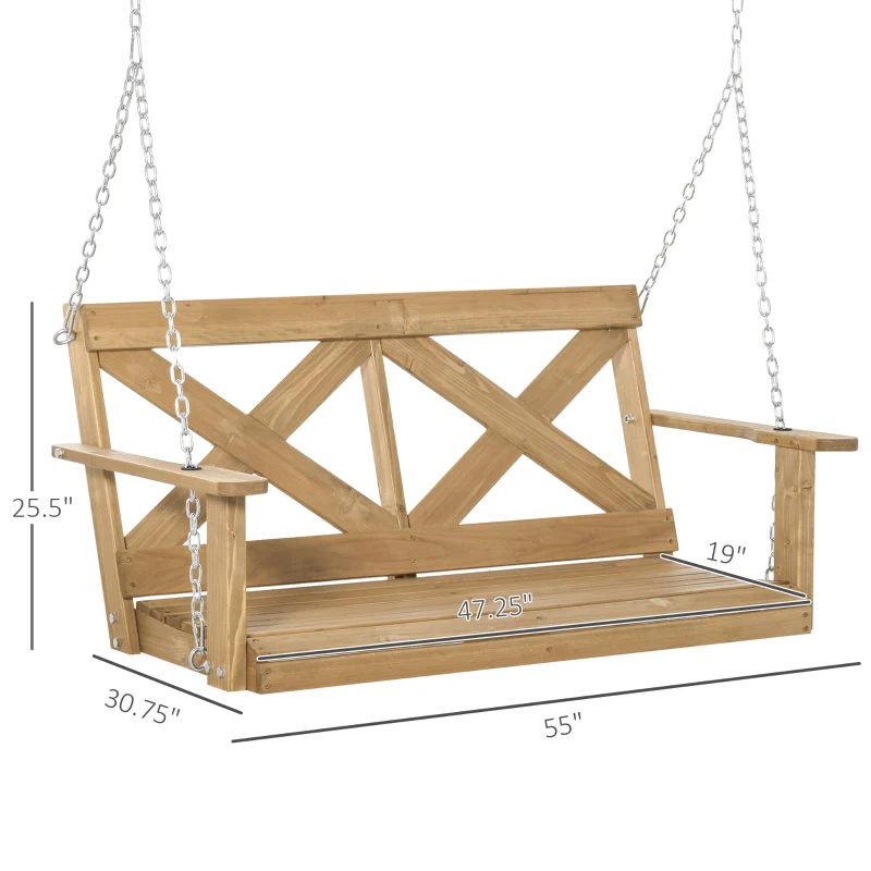 Outsunny 2 Person Porch Swing, Patio Swing, Outdoor Swing Bench with Pine Wood Frame and Hanging Chains for Garden and Yard, 550 lbs Weight Capacity, X Shaped Design, Natural