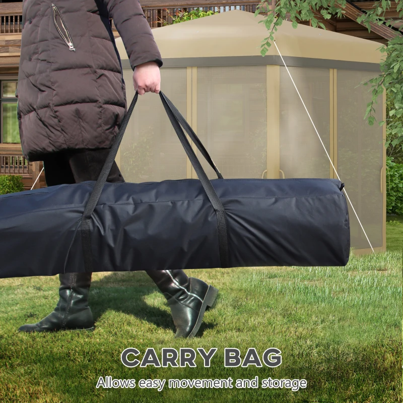 Outsunny 12'x12' Pop Up Canopy, Hexagon Gazebo with Netting, Carry Bag, Height Adjustable Instant Shelter, Khaki