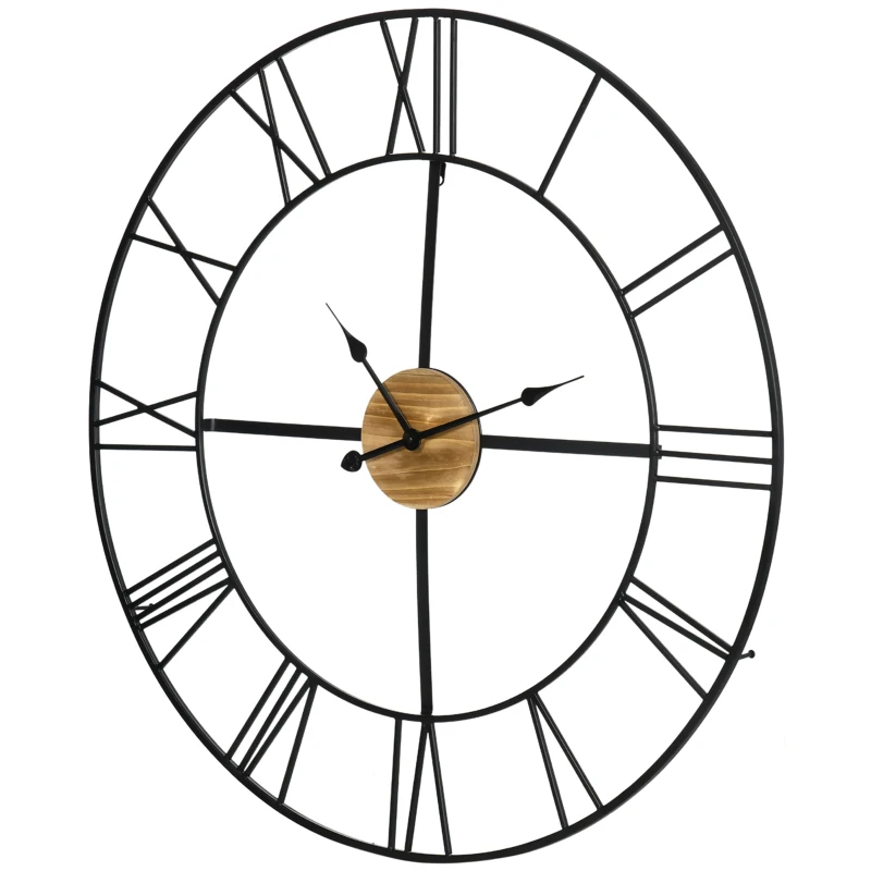 HOMCOM 36 Inch Large Wall Clock, Silent Non Ticking Wood Metal Farmhouse Roman Numeral Clocks for Living Room Decor, Battery Operated, Black