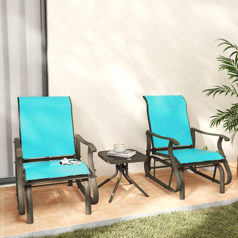 Outsunny 3-Piece Outdoor Gliders Set Bistro Set with Steel Frame, Tempered Glass Top Table for Patio, Garden, Bright Blue(m-2)