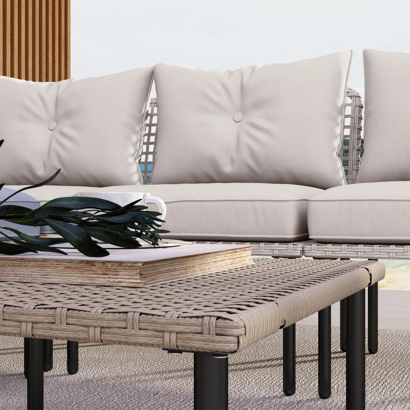 Outsunny 5-Piece Rattan Patio Furniture Set with Sofa, Chaise Lounge, Coffee Table, Footstools, Cushions, Cream White
