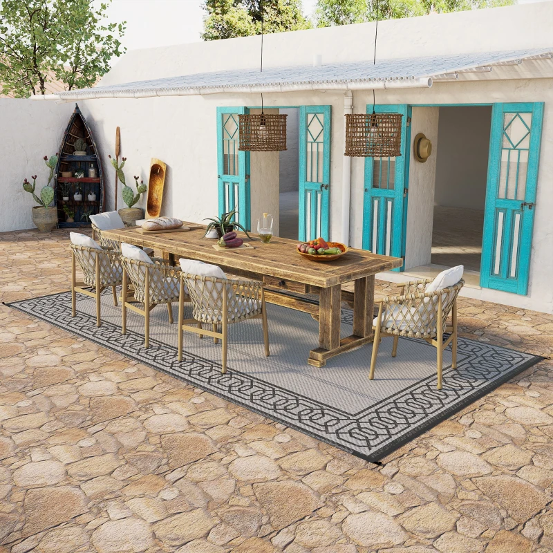 Outsunny Portable Outdoor Rug with Carrying Bag, 9' x 18' Reversible Mat, Waterproof Plastic Straw RV Rug for Backyard, Deck, Picnic, Beach, Camping, Black and Grey