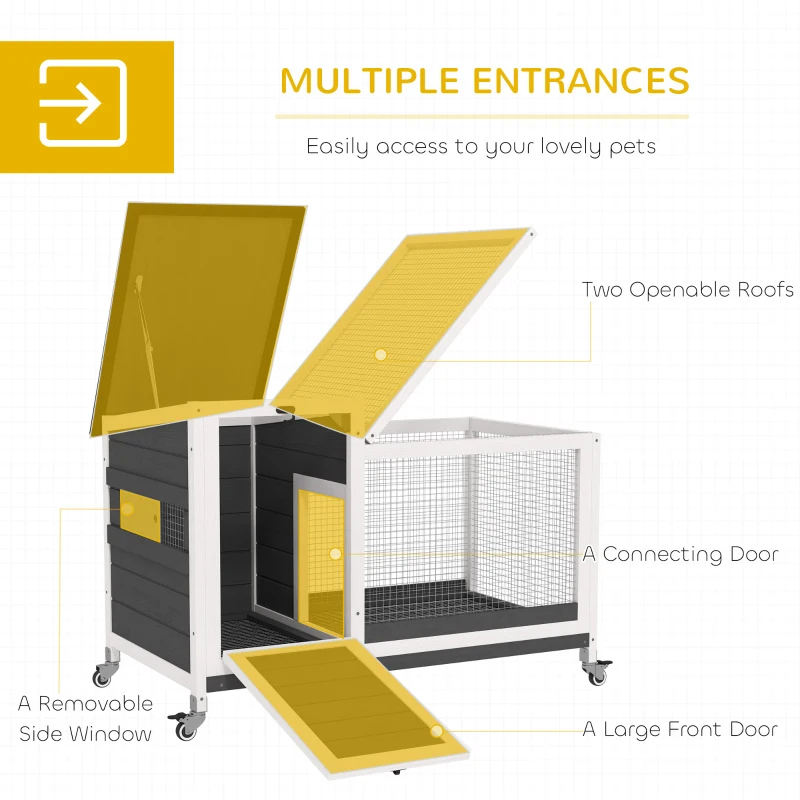 PawHut Wooden Rabbit Hutch with Pull-Out Tray, Asphalt Openable Roof, Small Animal Cage on Wheels with Run, Grey