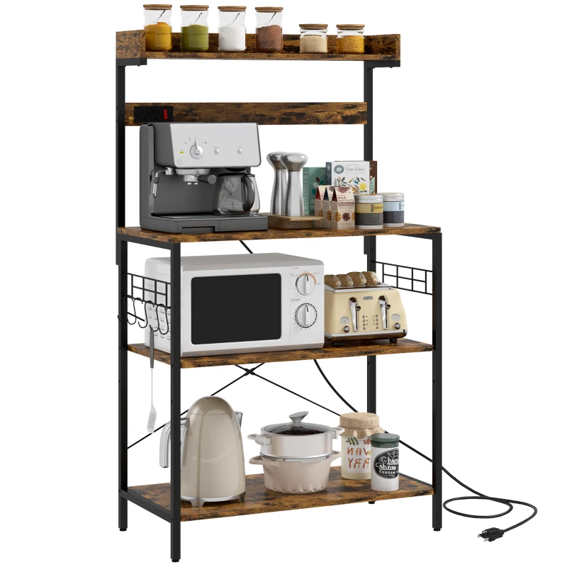 HOMCOM Kitchen Baker's Rack with Power Outlet, Coffee Bar Station with Adjustable Shelves and Hooks, Rustic Brown