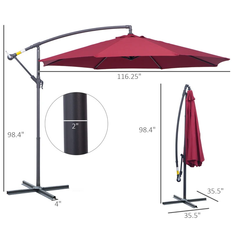 Outsunny 10' Deluxe Patio Umbrella, Outdoor Market Parasol, Banana Hanging Offset Sunshade with Crank, Cross Base, Wine Red