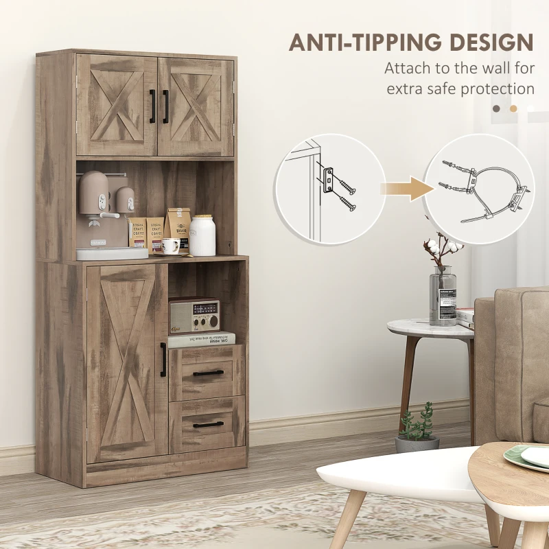 HOMCOM 60" Kitchen Pantry Storage Cabinet, Farmhouse Kitchen Hutch w/ Microwave Oven Countertop, Adjustable Shelves, Gray Wash