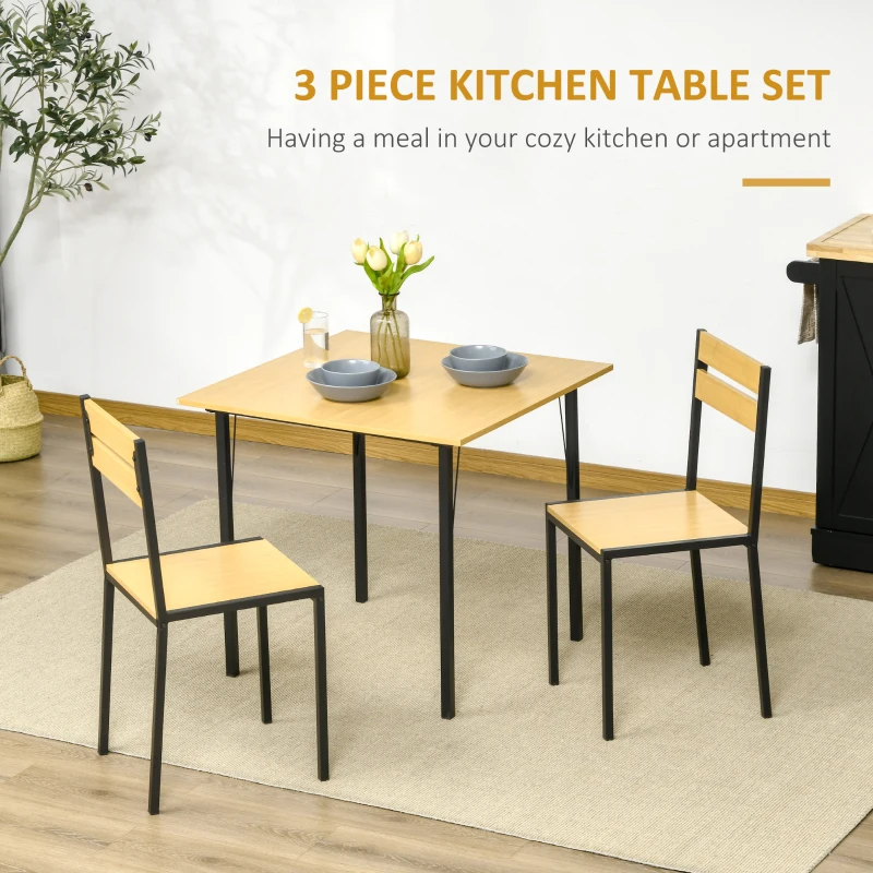 HOMCOM Industrial 3-Piece Dining Table Set, Square Kitchen Table with 2 Chairs for Dorms, Apartments, Studios, Bamboo