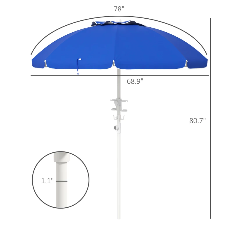 Outsunny 5.7' Beach Umbrella for Travel with Tilt, Adjustable Height, 2 Cup Holders, Hooks, Vent, Ruffles, Sapphire Blue
