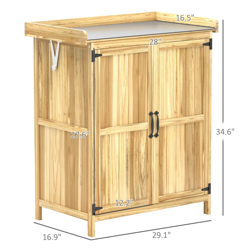Outsunny Outdoor Storage Cabinet, Garden Tool Shed with Metal Tabletop, Shelf, Wooden Potting Bench with 2 Doors, Natural Wood
