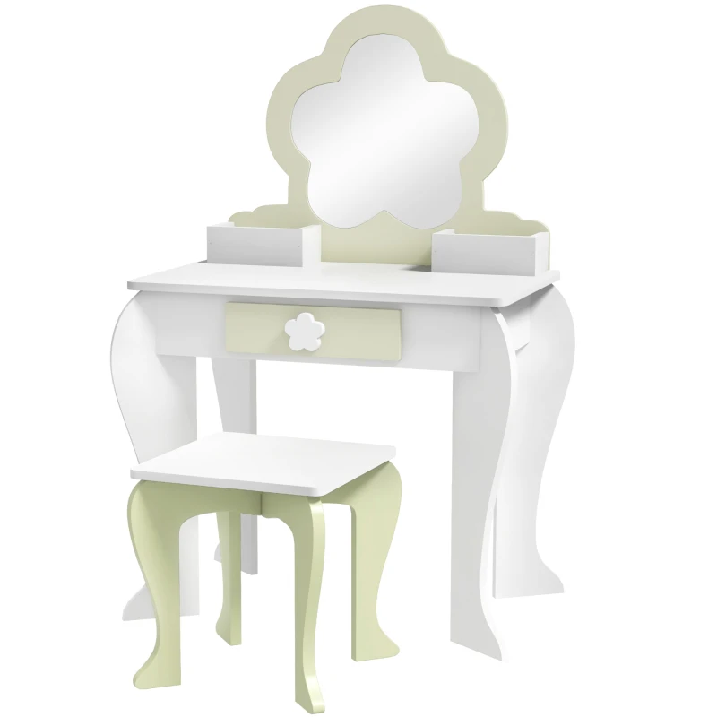 Qaba Kids Makeup Vanity Set with Stool, Mirror, Drawer, Storage Boxes, White