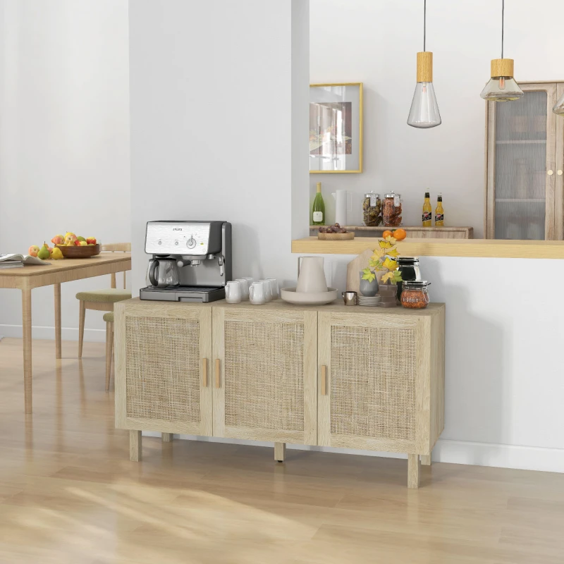 HOMCOM Boho Sideboard Buffet Cabinet with 3 Rattan Doors, Kitchen Cabinet with Adjustable Shelves, Natural