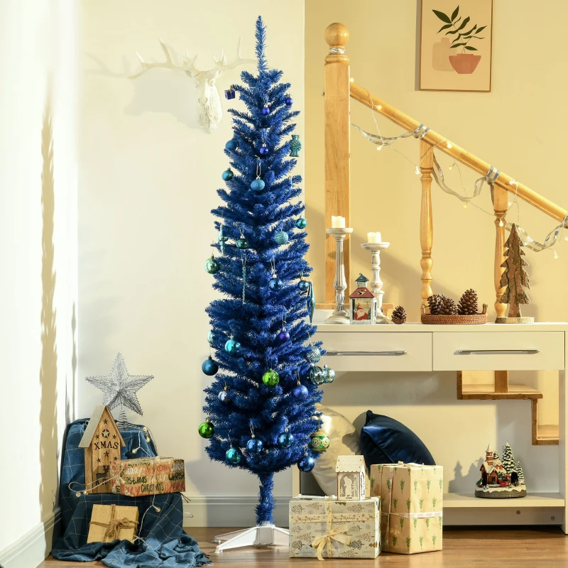 HOMCOM 6ft Pencil Christmas Trees, Skinny Artificial Christmas Tree for Xmas Holiday Decor, Deep Blue