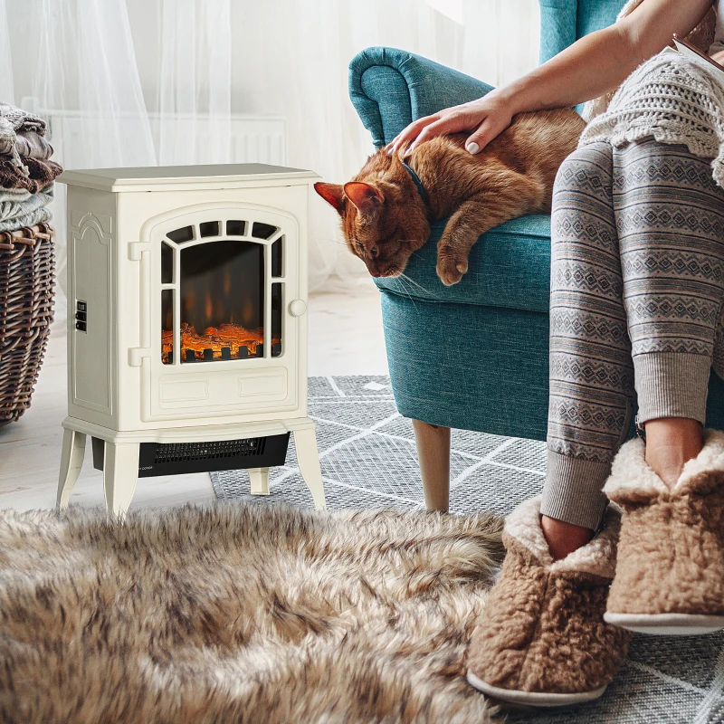 HOMCOM Electric Fireplace Heater, Freestanding Fireplace Stove with Realistic Flame Effect Overheat Protection 750W/1500W Beige