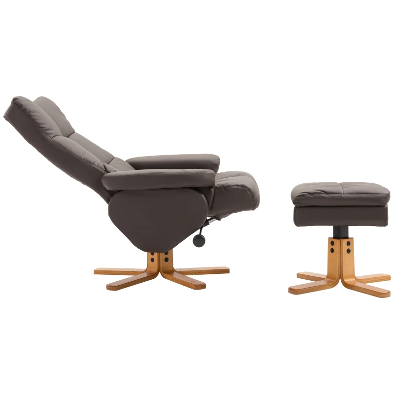 HOMCOM Leather Recliner and Ottoman Set Swivel Lounge Chair With Storage Footrest Wood Base Living Room Furniture Brown