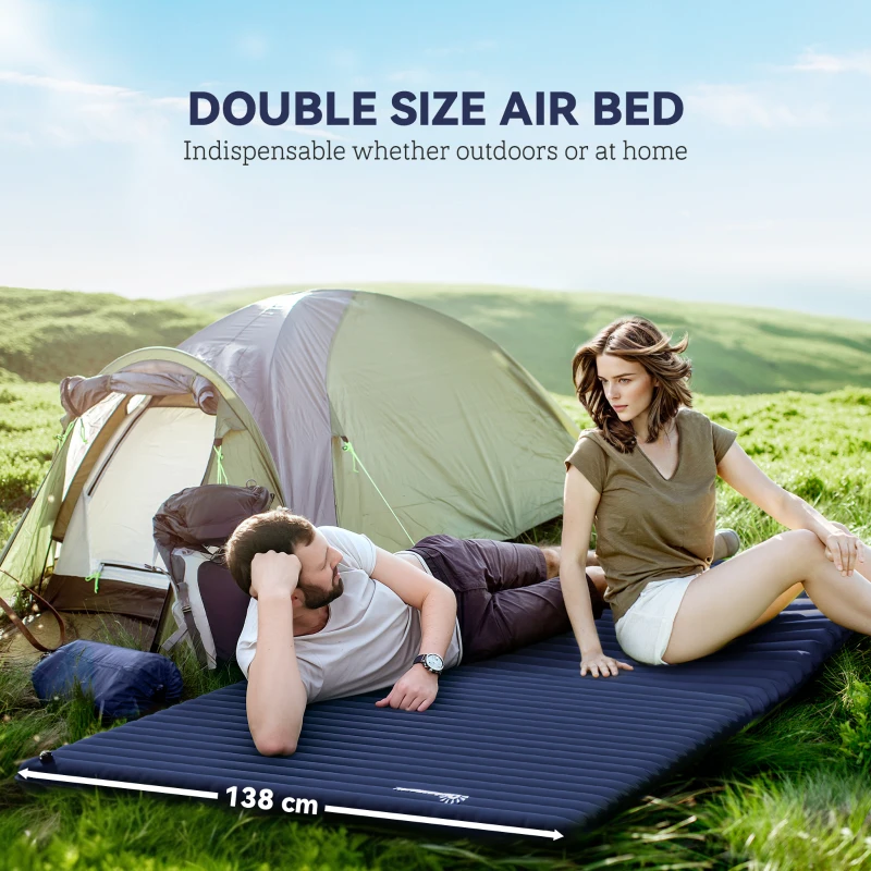 Outsunny Self Inflatable Air Mattress, Portable Double Sleeping Airbed with Carry Bag, Repair Kit for Camping, Hiking, Navy Blue