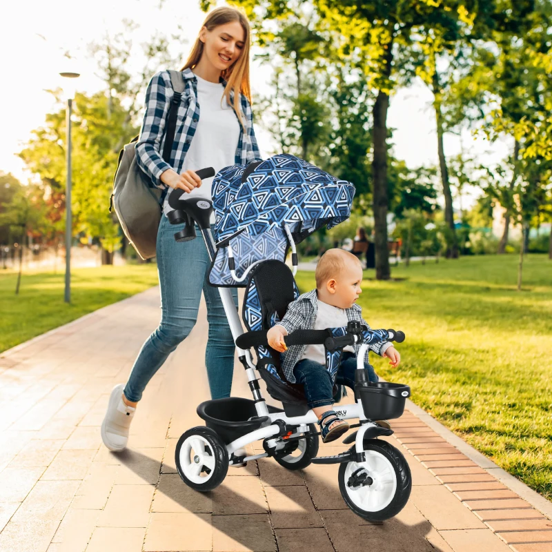 Qaba 6 in 1 Toddler Tricycle with Parent Push Handle, Canopy, Storage Baskets, Cupholder, Light Blue