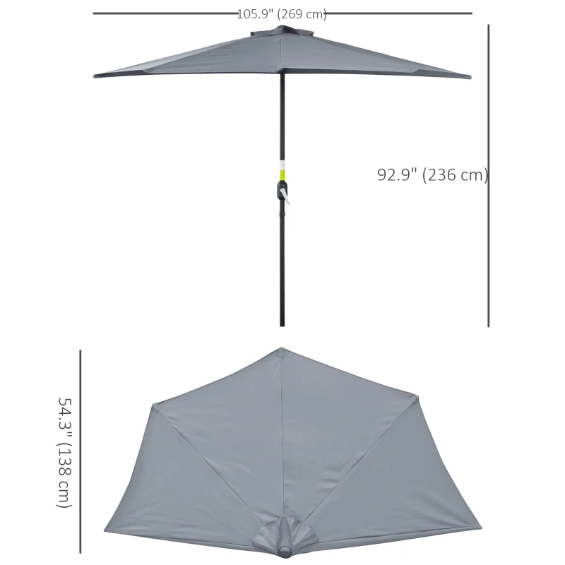 Outsunny 9ft Half Round Umbrella Outdoor Balcony Parasol Patio Garden Outdoor Window Sun Shade w/  5 Ribs Grey