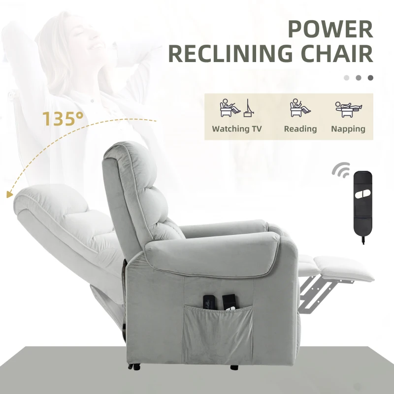 HOMCOM Power Lift Chair, Velvet Touch Upholstered Recliner Chair for Elderly with Vibration Massage, Remote Control, Side Pockets, Grey