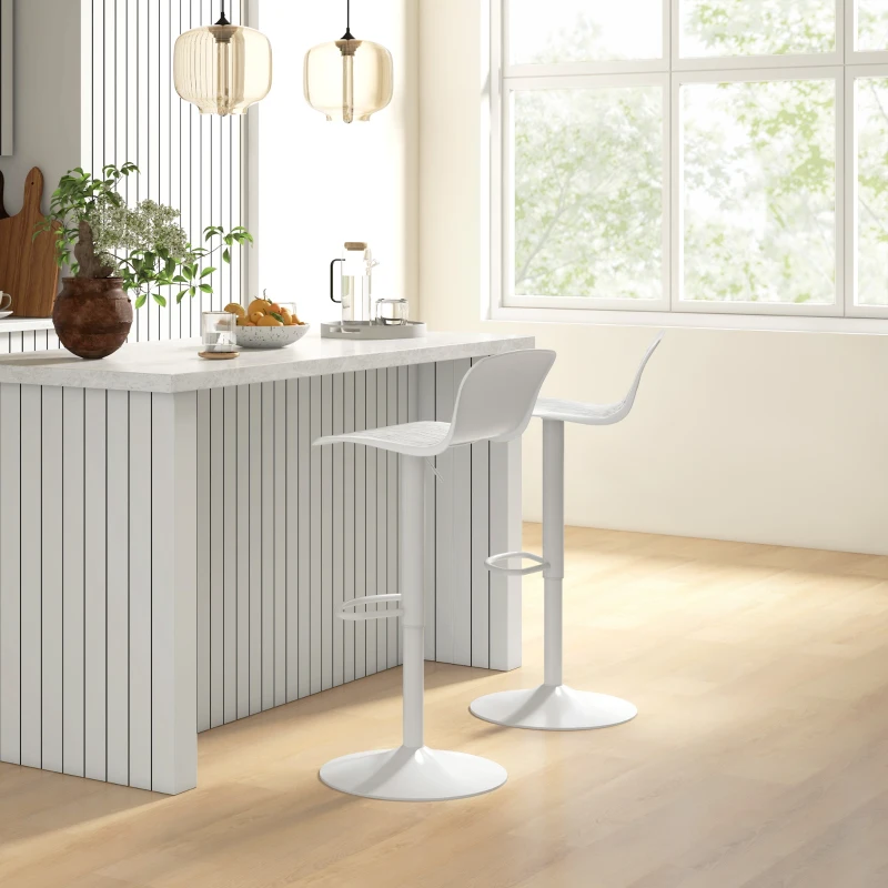 HOMCOM Polypropylene Bar Stools Set of 2, Swivel Barstools with Adjustable Height, Footrest and Backrest, White