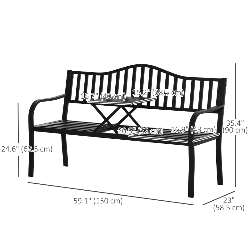 Outsunny Metal Outdoor Bench with Liftable Middle Table, Patio Loveseat, Garden Bench for Lawn, Porch, Seats 2–3 People, Black