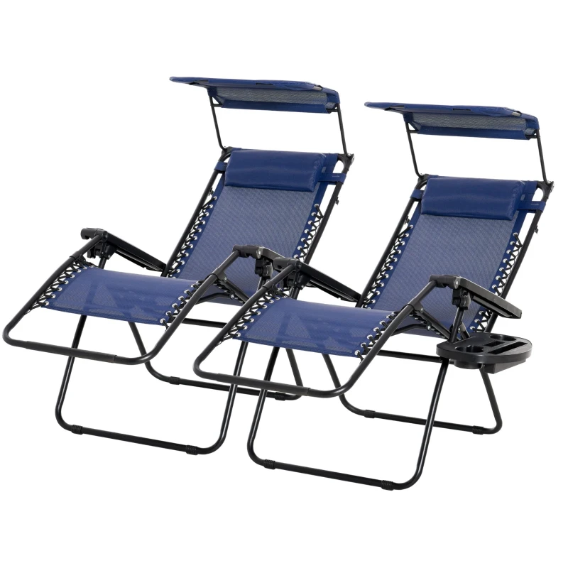Outsunny 2 Piece Foldable Lounge Chair with Canopy Shade, Outdoor Zero Gravity Chair w/ Side Tray & Cup Holder, Reclining Lounger w/ Breathable Mesh Fabric Seat, Pillow, Blue