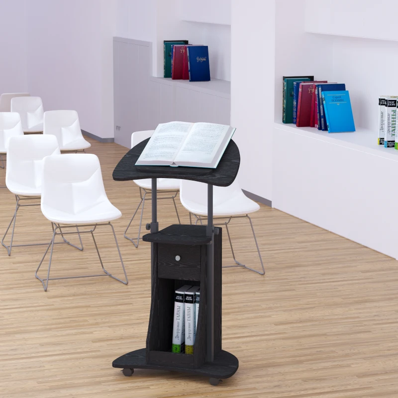 HOMCOM Mobile Laptop Cart, Sit-to-Stand Computer Desk with Drawer, Height Adjustable Rolling Podium Desk Stand with Swivel Top & Storage, Black