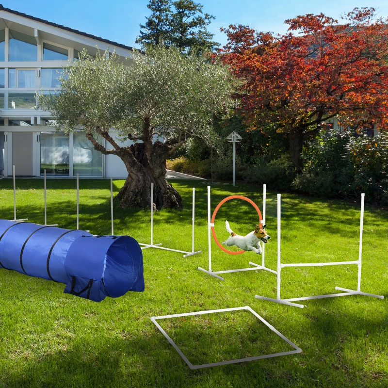 PawHut 5Pcs Dog Agility Training Equipment with 8.7KG Net Weight, Pet Agility Set with Tunnels, Adjustable Jump Ring, Jumper, Weave Poles, Square Pause Box, Carrying Bag, Whistle