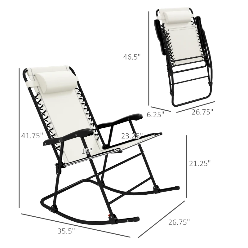 Outsunny Outdoor Rocking Chair Set of 2, Patio Folding Lawn Rocker Set with Headrests for Yard, Patio, Deck, Backyard, Cream