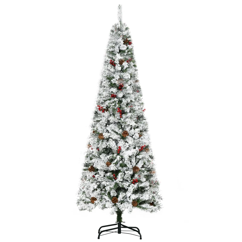 HOMCOM 6 Foot Pencil Snow Flocked Artificial Christmas Tree with 600 Pine Realistic Branches, Pine Cones, Red Berries, Auto Open, Green