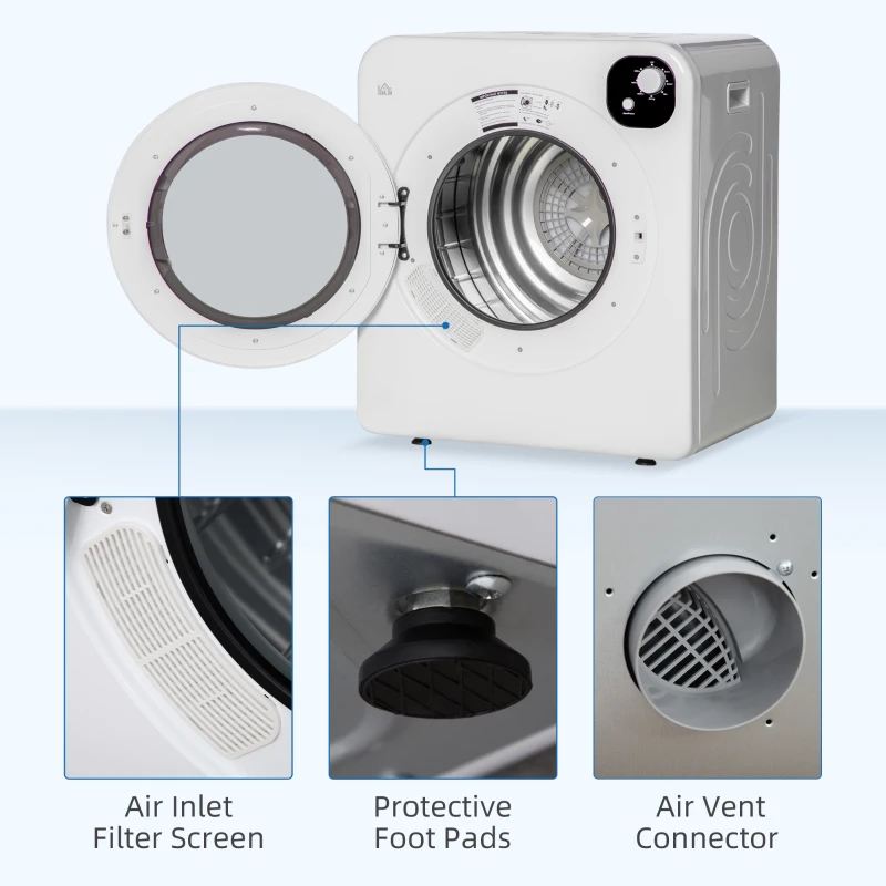 HOMCOM Compact Laundry Dryer 1300W Portable Clothes Dryer with 3.2 cu.ft Stainless Steel Drum, Front Load Electric Dryer, White