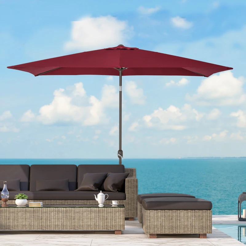 Outsunny 6.5x10ft Patio Umbrella, Rectangle Market Umbrella with Aluminum Frame and Crank Handle, Garden Parasol Outdoor Sunshade Canopy, Wine Red