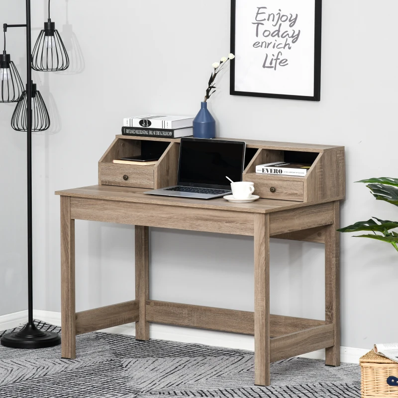 HOMCOM Rectangle Computer Desk with Display Shelves  Drawers Home Office Table Workstation  Natural Wood Grain