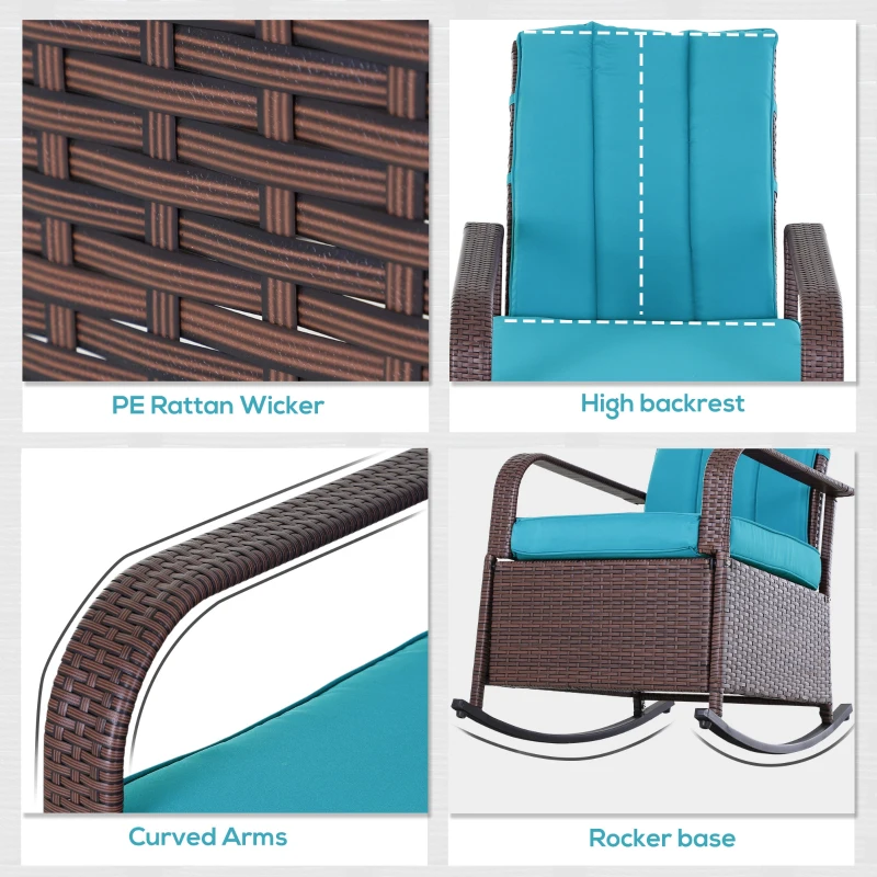 Outsunny Outdoor Wicker Rocking Chair Patio PE Rattan Recliner Chair with Cushion, Adjustable Footrest, Armrests, Turquoise