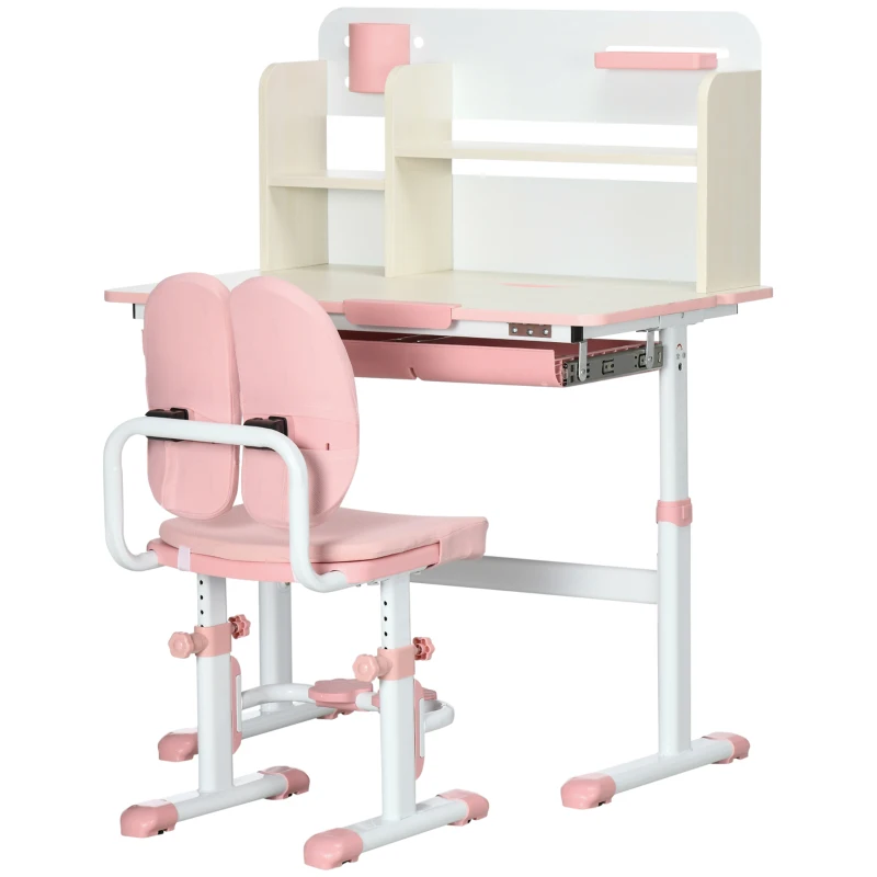 Qaba Kids Desk and Chair Set with Hand Crank, Tilted Desktop, Height Adjustable Student Writing Desk & Chair with Adaptive Seat Back, Footrest, Bookshelf, Drawer, Pen Holder, Pink