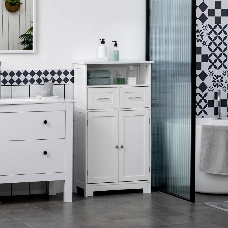 kleankin Bathroom Cabinet Organizer, Freestanding Small Storage Cabinet with Two Drawers and Adjustable Shelf for Living Room, or Entryway, White