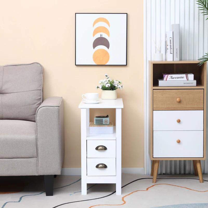 HOMCOM Slim End Table with 2 Drawers and Storage Shelf, Sofa Side Table for Living Room, Narrow Nightstand, White