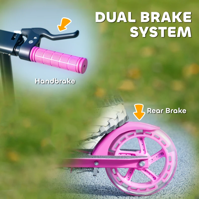 Qaba Scooter for Kids Ages 3-8 with Light Up Wheels, Adjustable Handlebar, Rear Brake & Handbrake for Girls and Boys, Pink