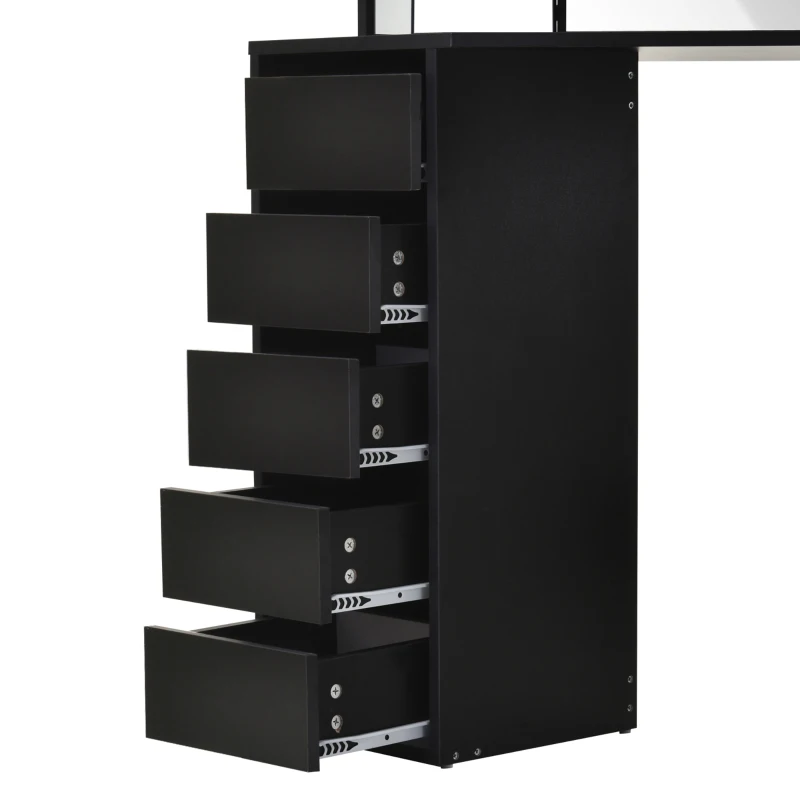 HOMCOM Corner Vanity Table, Makeup Vanity Table with 5 Drawers and Open Shelves, Dressing Table with 3-piece Mirror for Bedroom, Black