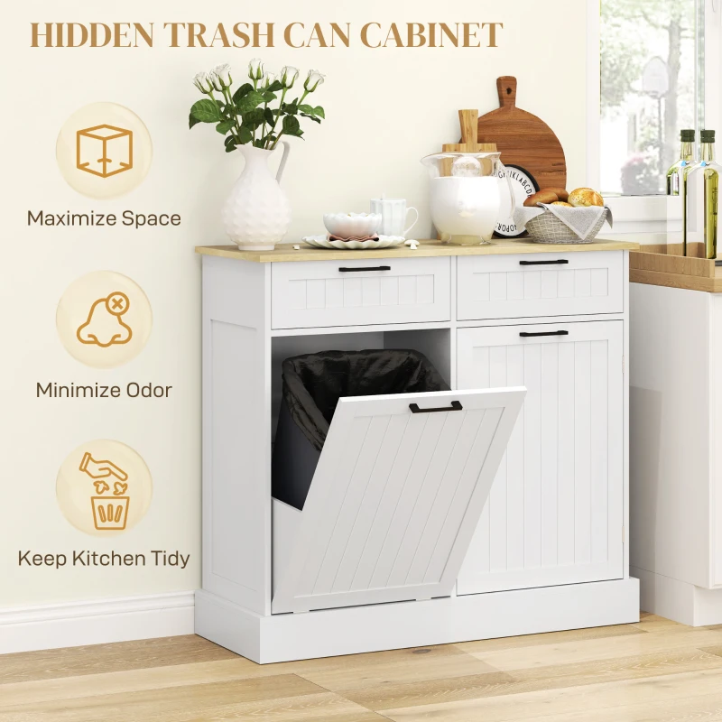 HOMCOM Hidden Garbage Bin Cabinet, Tilt Out Trash Cabinet w/ 2 Drawers, Freestanding Kitchen Island for Laundry, White