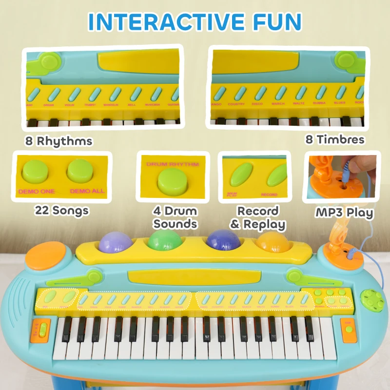 Qaba 37 Key Kids Piano Keyboard with Microphone, Stool, for 3-6 Years, Blue