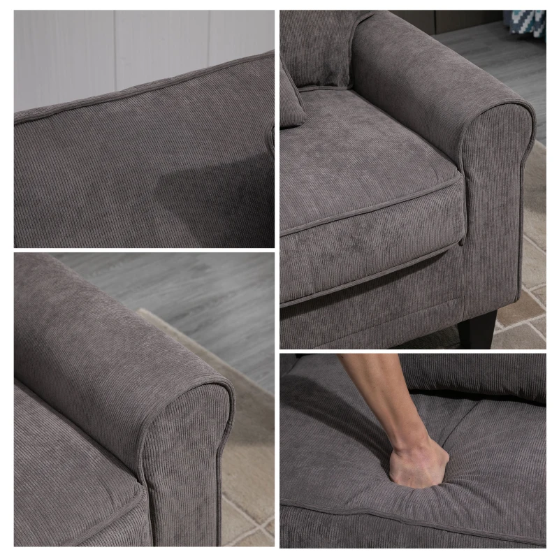 HOMCOM Modern 3 Seater Sofa, Corduroy Fabric 3 Seater Couch with Pine Wood Legs and Rolled Armrests for Living Room, Light Grey