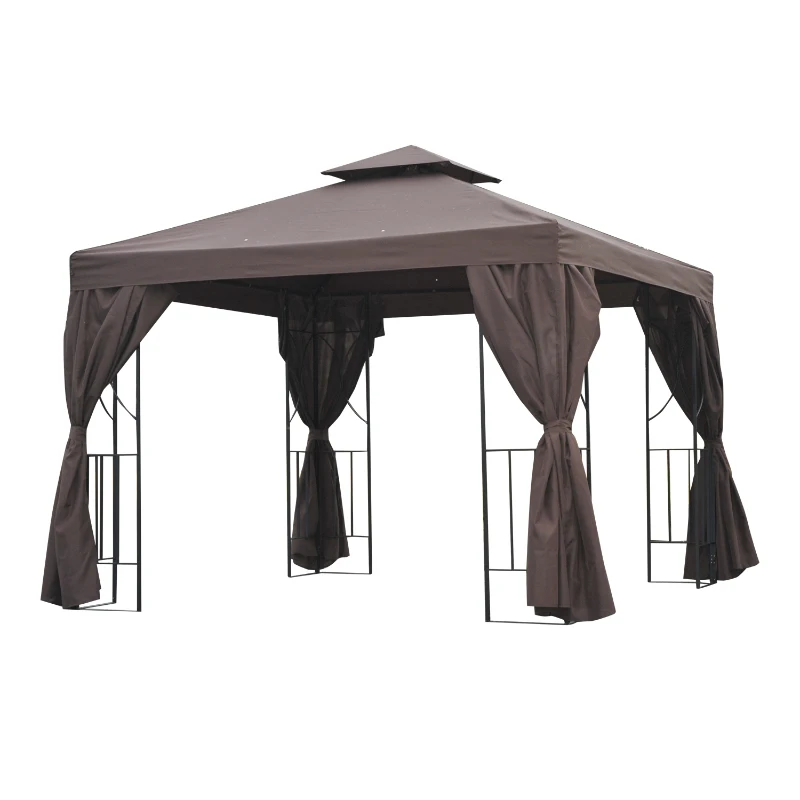 Outsunny 10' x 10' Patio Gazebo Outdoor, Canopy Shelter with Double-tier Roof, Pavilion Sidewalls for Garden Events, Brown