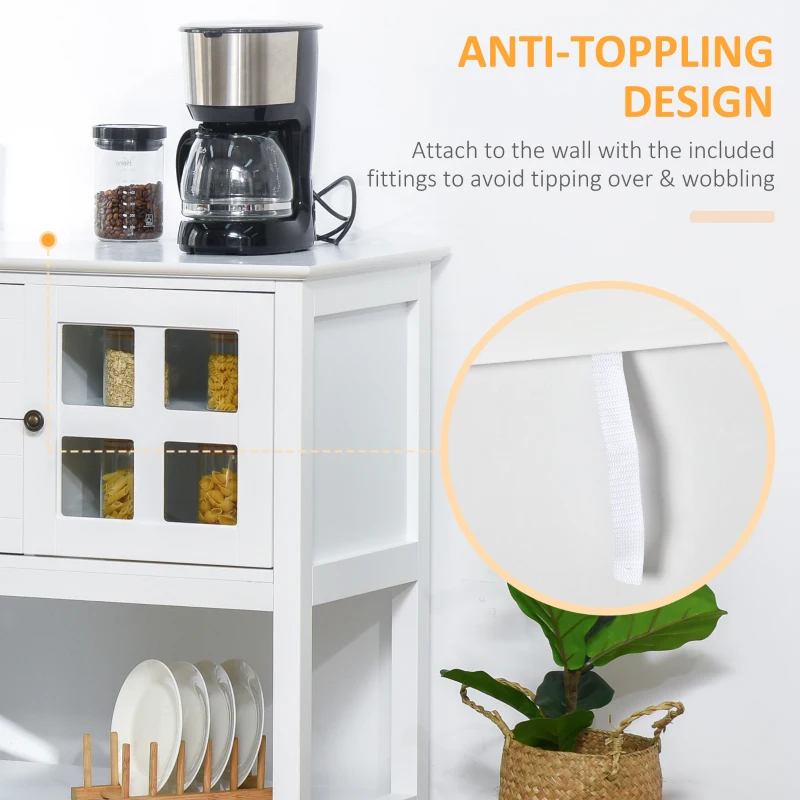 HOMCOM Kitchen Sideboard Serving Buffet Storage Cabinet Cupboard with Adjustable Shelves, Glass Doors, 2 Drawers, for Dining, Living Room, White