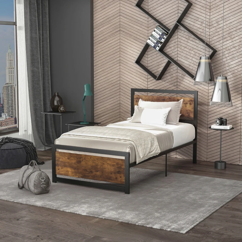 HOMCOM Single Bed Frame with Headboard & Footboard, Strong Metal Slat Support Bed Frame w/ Underbed Storage Space, No Box Spring Needed, 41.75'' x 76.75'' x 40.5''